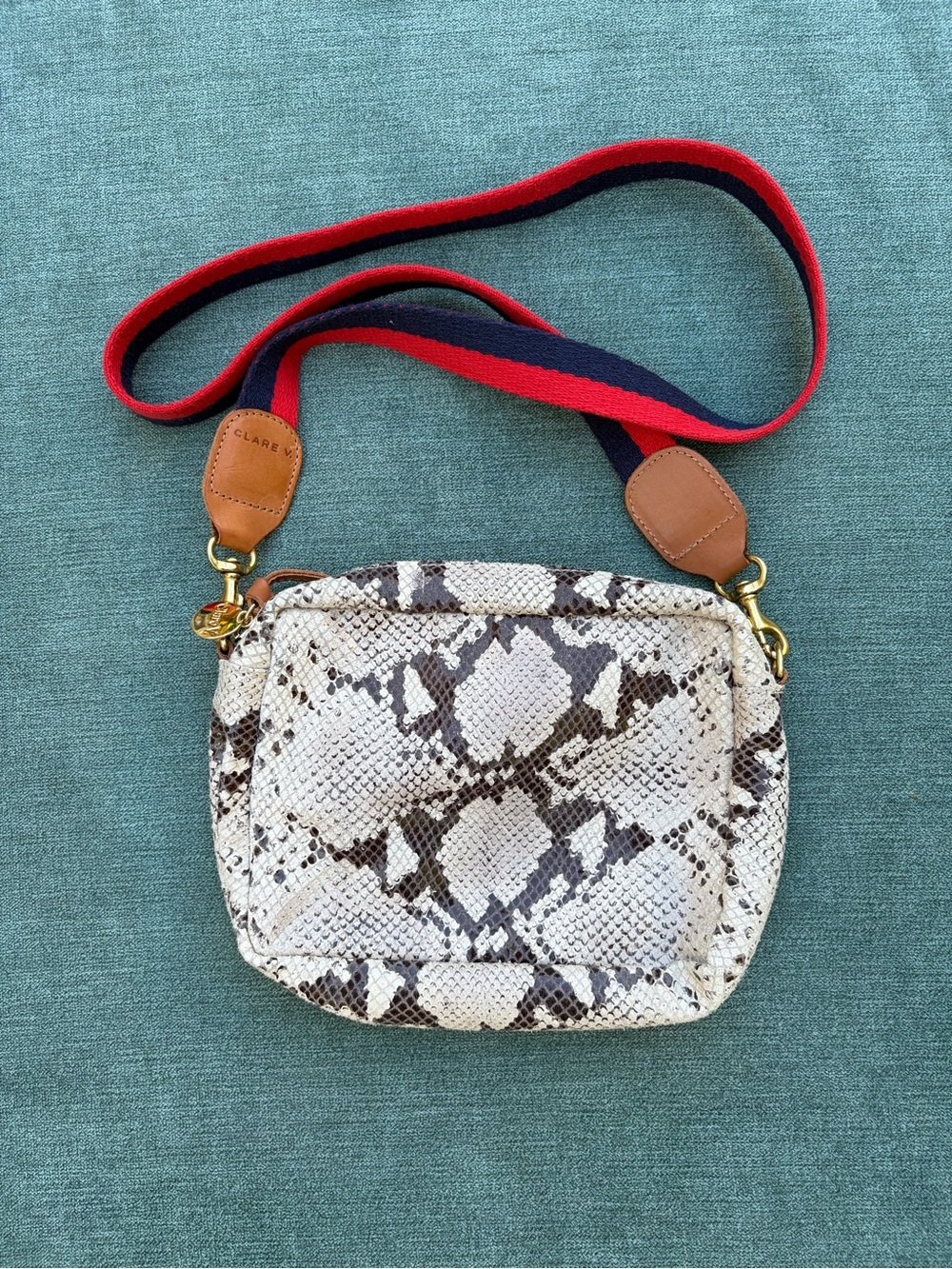 Clare V Python-Print Crossbody with Red & Navy Strap